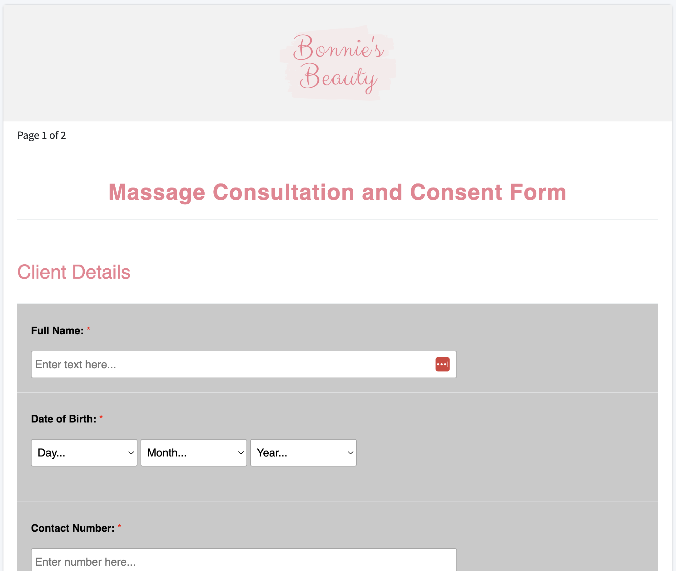screenshot of Beauty Forms
